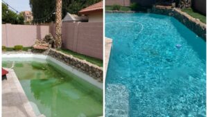 A dramatic before and after transformation of a pool from dirty green to crystal clear blue by Prime Pool Care in Scottsdale, AZ