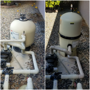 Before and after view of a pool equipment upgrade, showing a new filter installed by Surprise Pool & Spa in Surprise, AZ