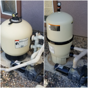 Before and after view of a pool filter system replacement by Surprise Pool & Spa in Surprise, AZ