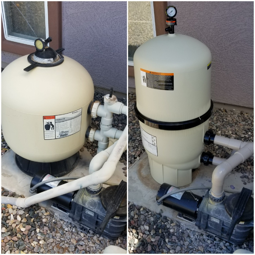 Before and after view of a pool filter system replacement by Surprise Pool & Spa in Surprise, AZ