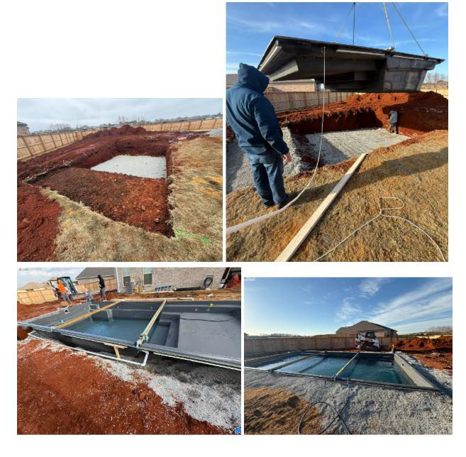 A four-panel collage showing the stages of a new pool installation by Alabama Pool Kings in Madison, AL.