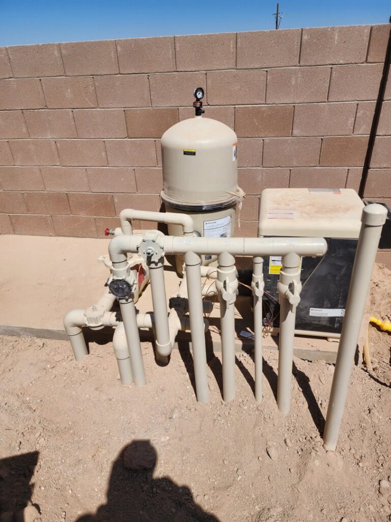 Pool pump, filter, and plumbing system installed by EZ POOL Solutions, ready for operation in Tucson, AZ