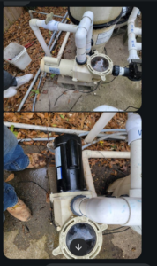 Before and after photos of a pool pump replacement by All N One Pools,LLC in Lafayette, LA.