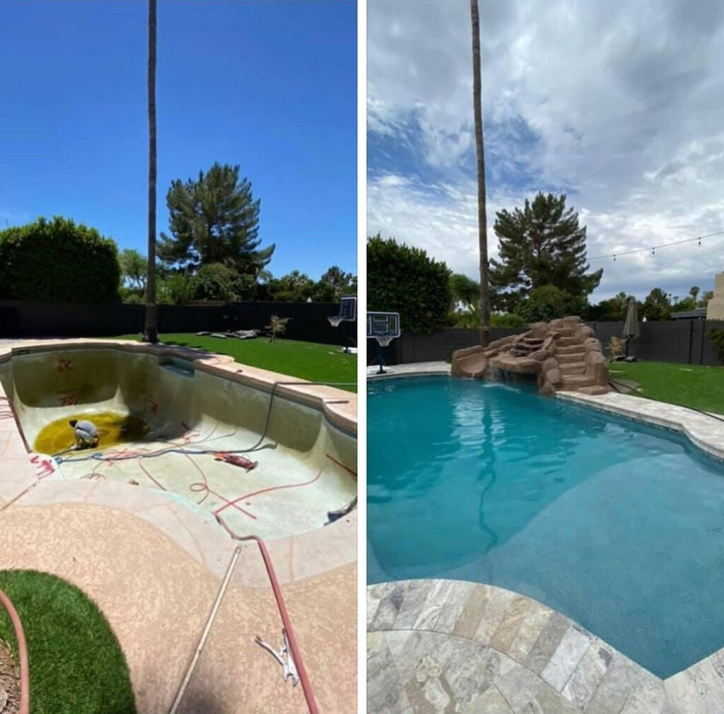Before and after comparison of a pool renovation project by All Valley Pools in Avondale, AZ, showing a dramatic transformation.
