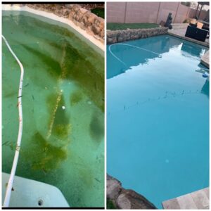 A side-by-side comparison showing a neglected pool restored to a clean, inviting state by Prime Pool Care in Scottsdale, AZ