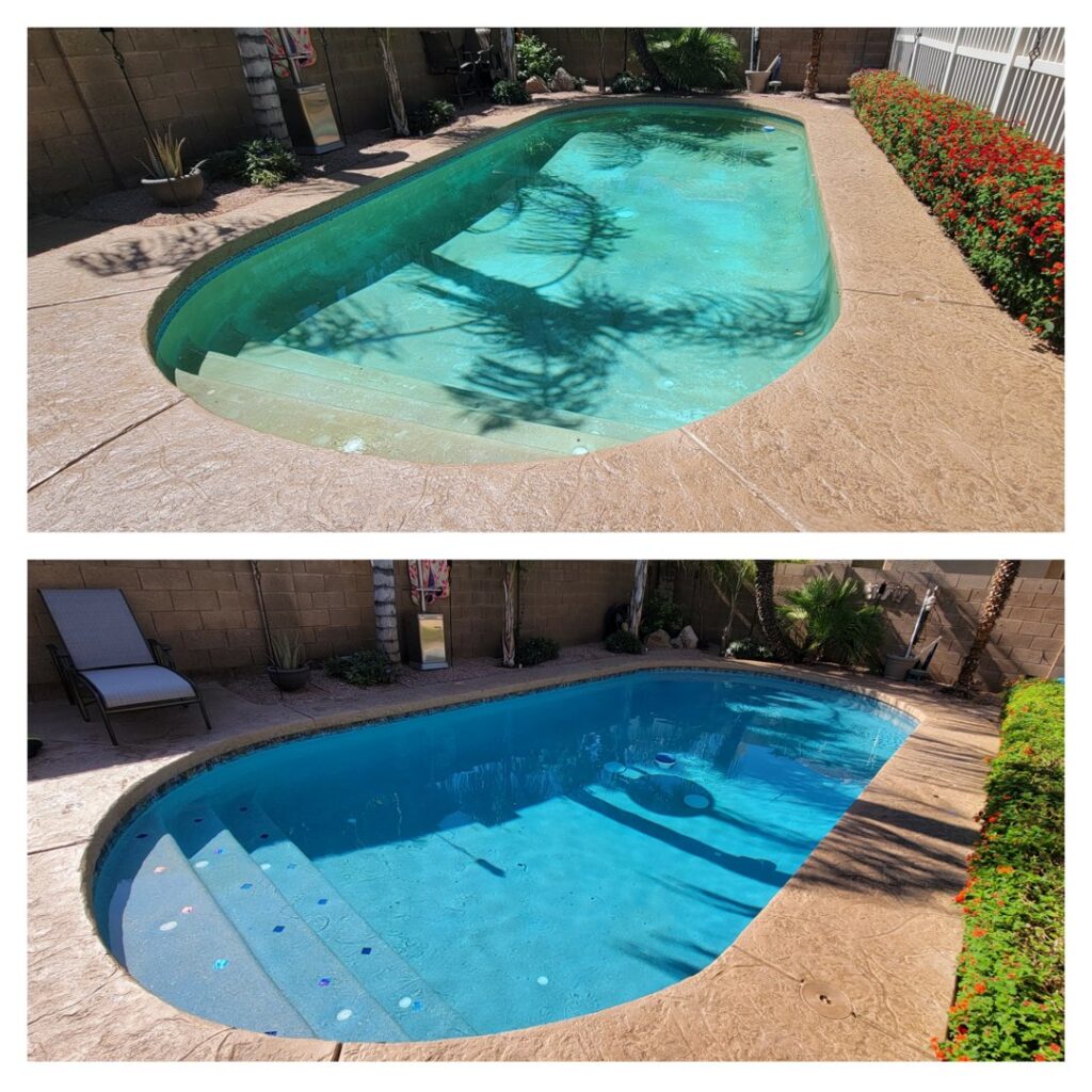 A before and after collage showing pool resurfacing and cleaning by East Mesa Pools, LLC in Mesa, AZ.