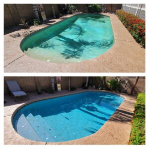 A before and after collage showing pool resurfacing and cleaning by East Mesa Pools, LLC in Mesa, AZ.