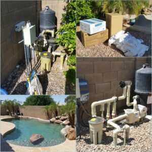 A collage showing pool service equipment, supplies, and a clean pool by Classic Pool Service in Surprise, AZ