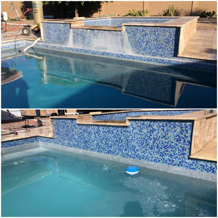 Before and after view of a clean pool and spa, showcasing pool cleaning services by Surprise Pool & Spa in Surprise, AZ