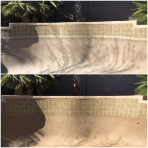 Before and after view of pool tile descaling, showing clean tiles after service by Surprise Pool & Spa in Surprise, AZ