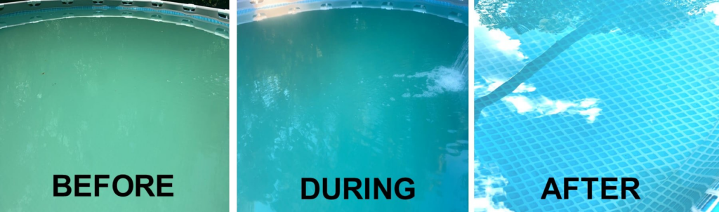 Before, during, and after photos showing the transformation of green, cloudy pool water to sparkling clear blue by Magic Iron Filter in Madison, WI.