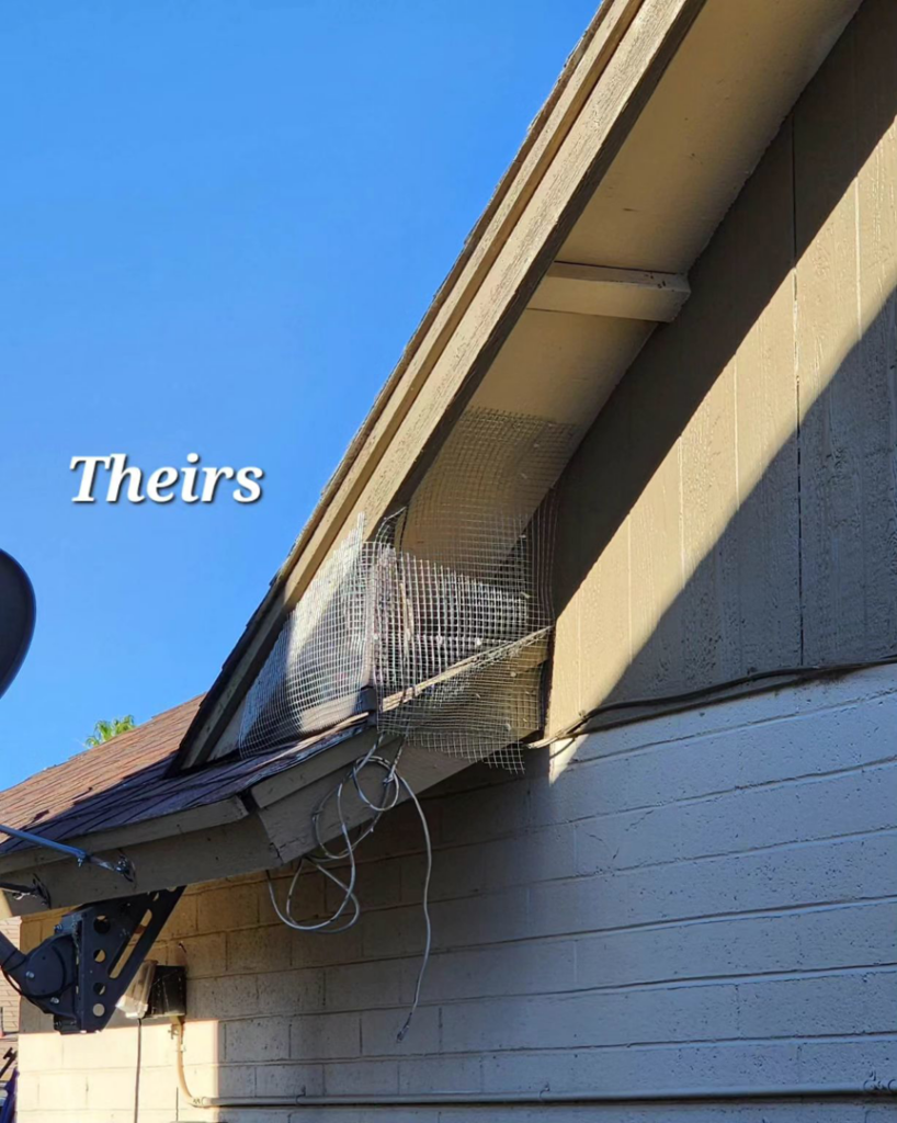 An example of poorly installed pigeon exclusion mesh by another company under a roof eave in Scottsdale, AZ, highlighting the need for professional service from Pigeon Problem Solvers, LLC.