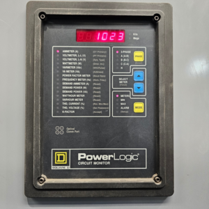 A PowerLogic circuit monitor by Square D, showing electrical readings, serviced by ELEC LLC in Winston-Salem, NC.