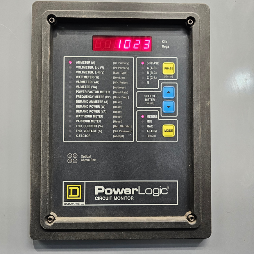 A PowerLogic circuit monitor by Square D, showing electrical readings, serviced by ELEC LLC in Winston-Salem, NC.