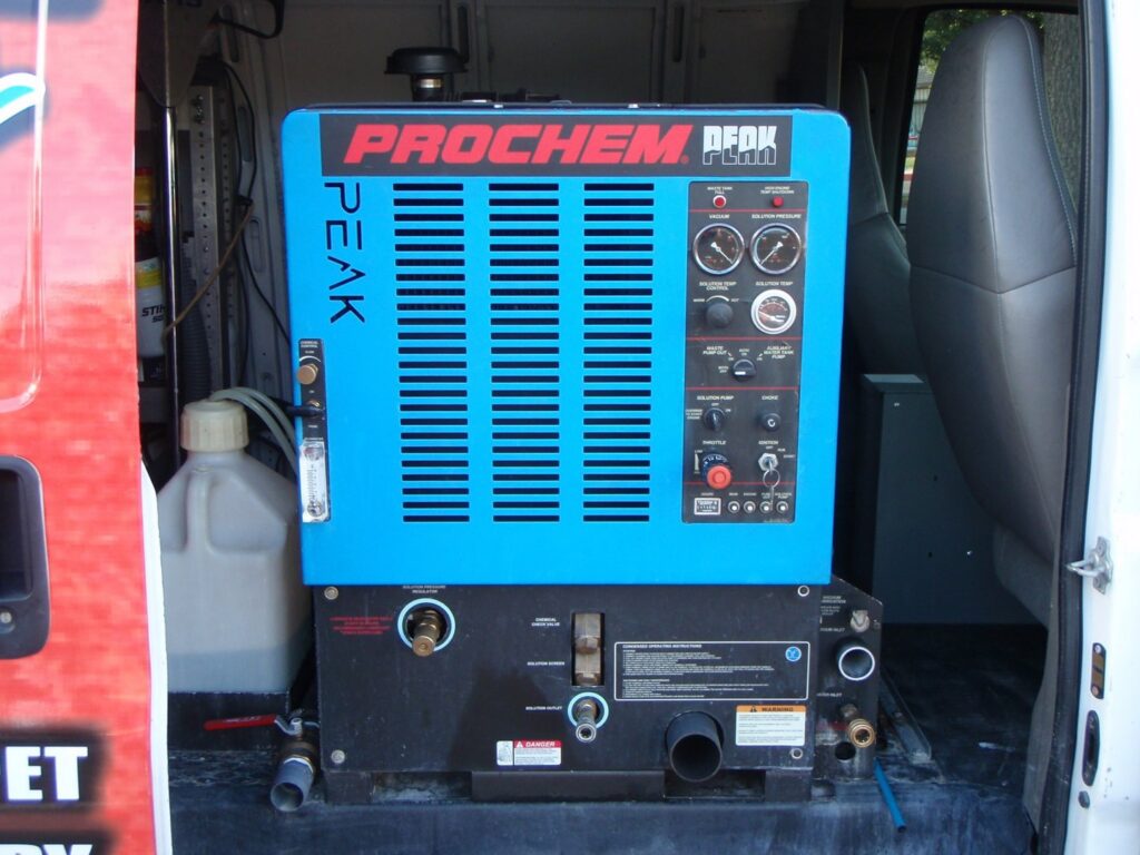A Prochem Peak carpet cleaning machine installed inside a service van for Presto Carpet And Tile Cleaning in Brentwood, CA.