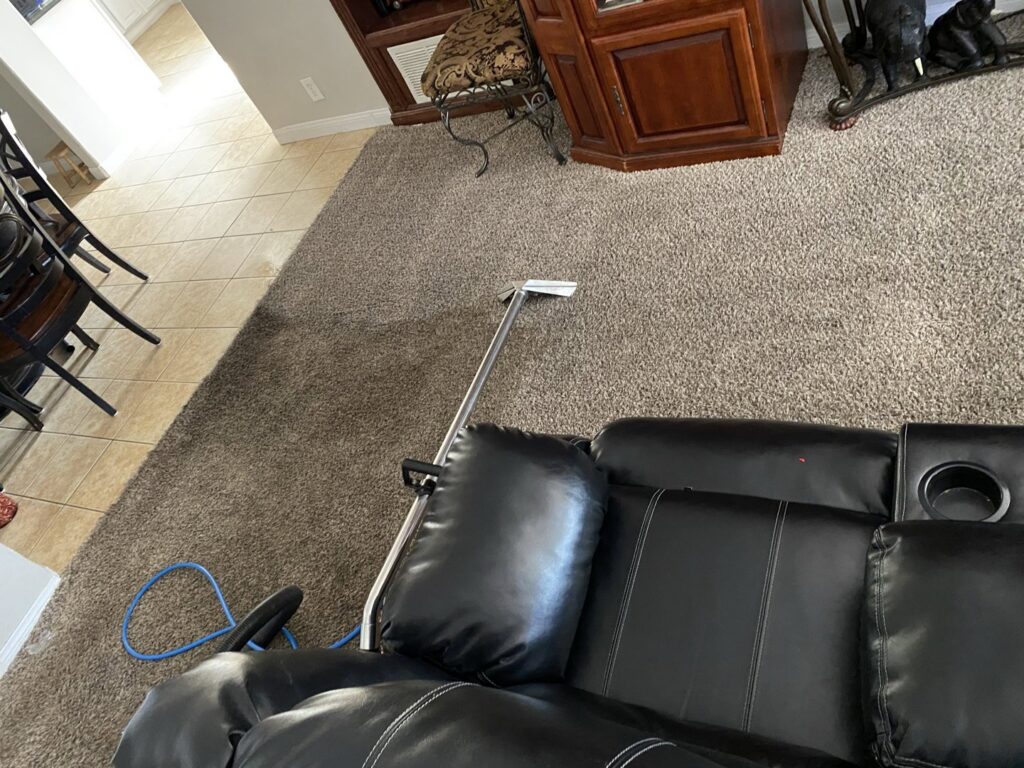 Professional carpet cleaning equipment, including a wand and hose, in a residential living room by Orozco's Janitorial Services LLC in Escondido, CA.