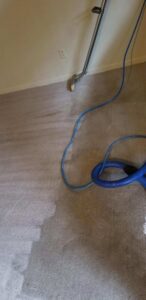 A professional carpet cleaning wand in use, showing a clean path on a light-colored carpet by Crawford's Carpet Cleaning in Oklahoma City, OK.