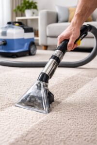 A professional using a carpet cleaning machine to deep clean a carpet for Superior Carpet Care in Fresno, CA.