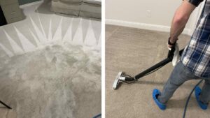 A professional performing carpet cleaning with equipment for Two Sheas Restoration in Tulsa, OK.