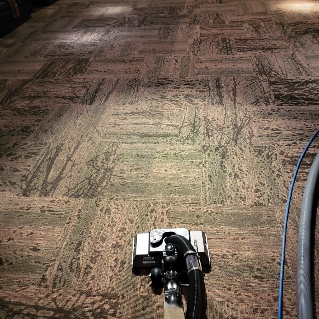A professional carpet cleaning machine working on a patterned carpet by Tampa Steam Team in Plant City, FL.