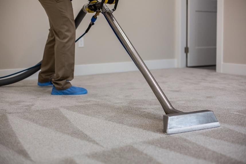 A professional carpet cleaning technician using a wand to clean a light-colored carpet, creating clean lines, for B of C Carpet Cleaning LLC in Idaho Falls, ID.
