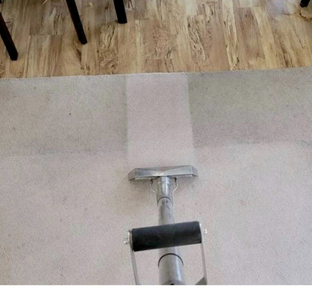 A professional carpet cleaning wand actively cleaning a carpet, showing a clear division between dirty and clean areas by Ype Cleaning LLC in Monroe, NC.