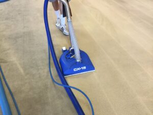 A professional using a CX-15 carpet cleaning tool to clean a carpet, showing distinct cleaning lines by Presto Carpet And Tile Cleaning in Brentwood, CA.