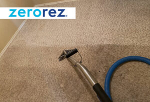 A professional carpet cleaning wand in action, showing a clean path on a dirty carpet by Zerorez Charlotte, NC.