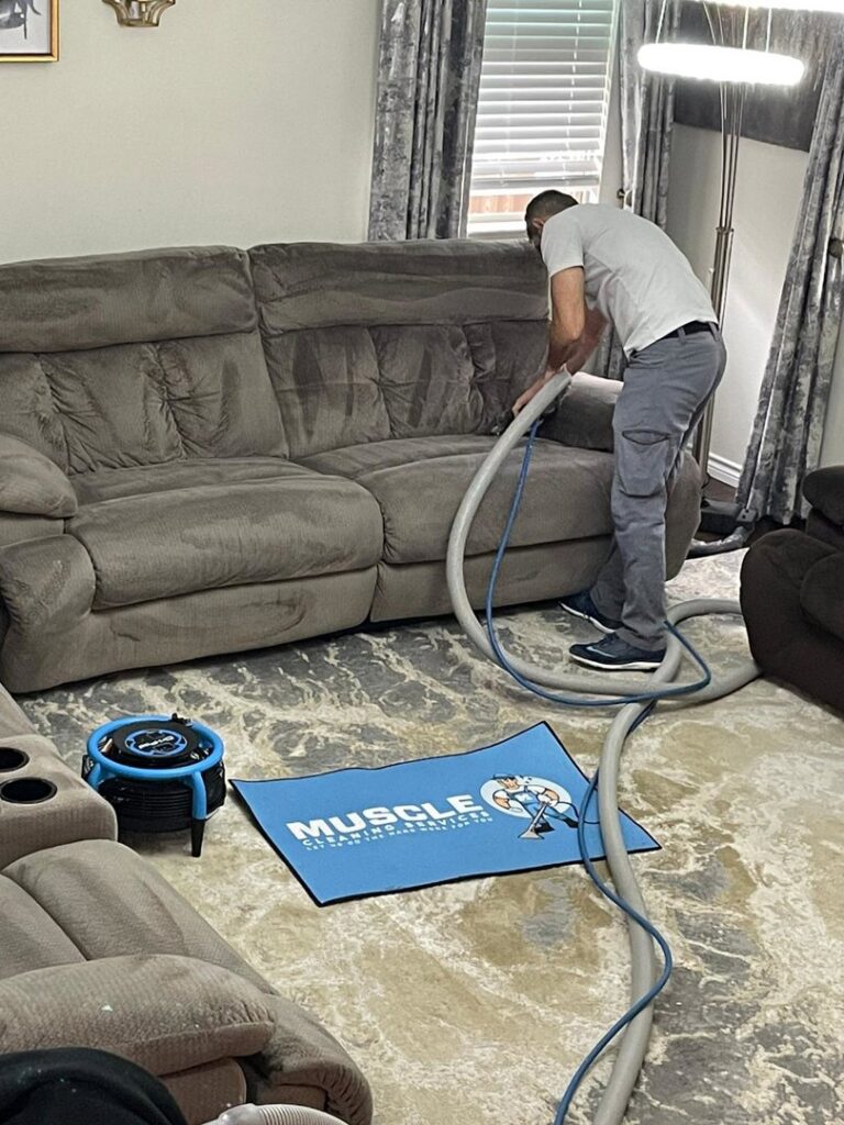 A professional from Muscle Cleaning Services cleaning a carpet or rug with a cleaning wand in Dallas, TX.