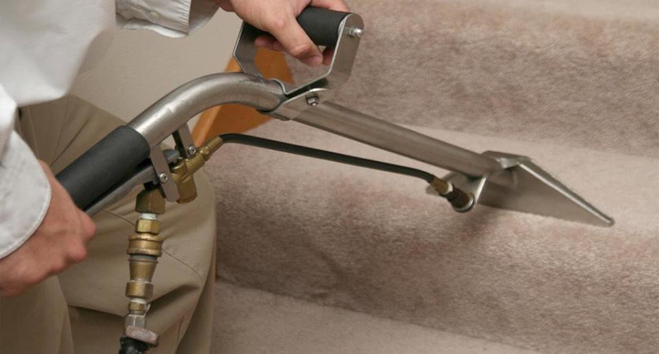 A professional cleaning technician using a specialized tool to clean carpeted stairs for Steam Giant in Raleigh, NC.