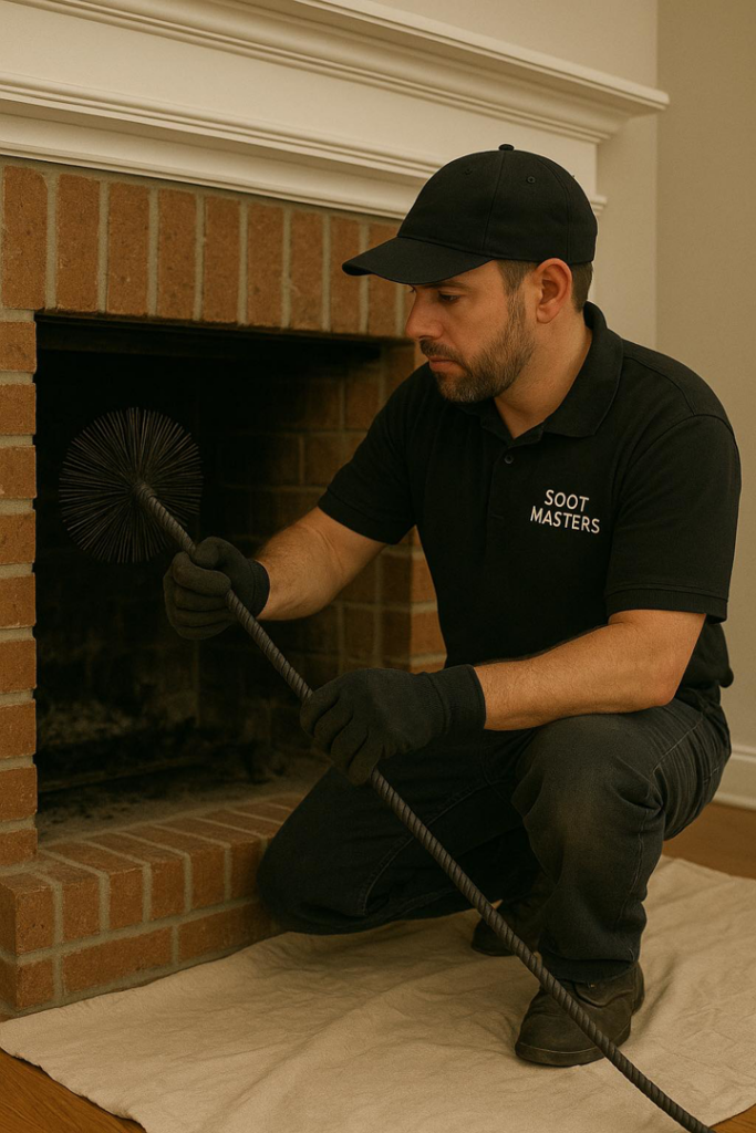 A Soot Masters Chimney Service LLC professional using a chimney brush to sweep a fireplace in Jackson, MS.