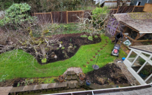 A professional lawn care technician from OregonScapes mowing a lush green lawn in Eugene, OR.