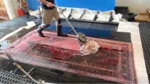 A professional from Rug Renew using specialized equipment to clean a patterned rug in Spring Valley, CA.