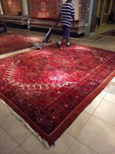 A professional performing rug cleaning on a large oriental rug at Pars Rugs Savannah, GA.