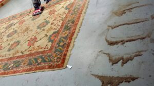 A professional performing thorough rug vacuuming and cleaning, showing dirt removed, at Nilipour Oriental Rugs in Homewood, AL