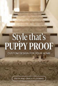 A stylish, puppy-proof carpet runner installed on stairs by Faith and Grace Flooring in Murfreesboro, TN.