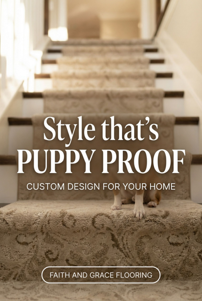 A stylish, puppy-proof carpet runner installed on stairs by Faith and Grace Flooring in Murfreesboro, TN.