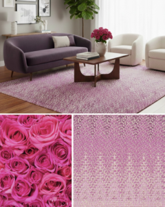 A vibrant purple area rug enhancing a modern living room, provided by International Design Guild in Manchester, NH.