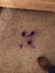 A purple stain on a carpet, indicating a need for repair or cleaning services from Essential Carpet Repair in Salt Lake City, UT.