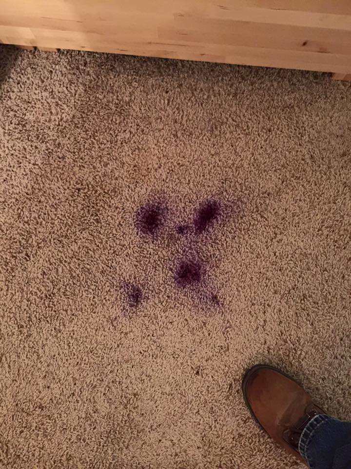 A purple stain on a carpet, indicating a need for repair or cleaning services from Essential Carpet Repair in Salt Lake City, UT.