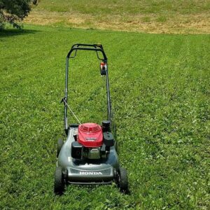 A push lawnmower positioned in tall grass, ready for mowing by Mcfaith Lawn Care LLC in New Orleans, LA.