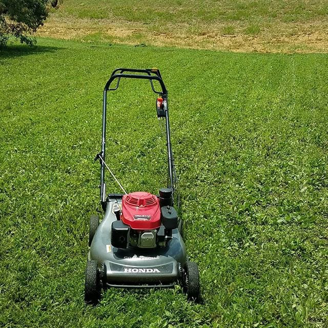 A push lawnmower positioned in tall grass, ready for mowing by Mcfaith Lawn Care LLC in New Orleans, LA.