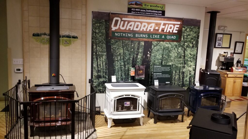 A Quadra-Fire wood stove display in the showroom of Wood Stoves For Sale in Fairbanks, AK.