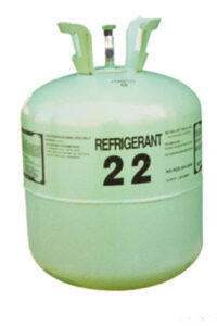 A green cylinder of R-22 refrigerant, used for HVAC services by Environmental Heating & Air NC in Cary, NC.
