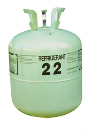 A green cylinder of R-22 refrigerant, used for HVAC services by Environmental Heating & Air NC in Cary, NC.