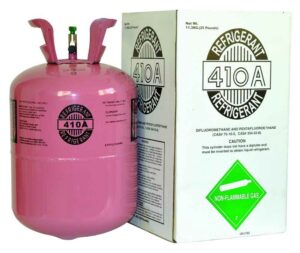A pink cylinder of R-410A refrigerant with its packaging, used in HVAC services by Environmental Heating & Air NC in Cary, NC.