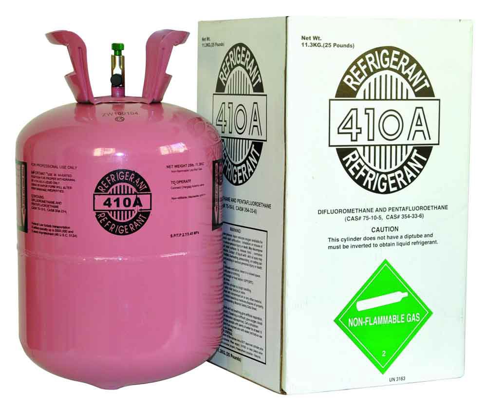 A pink cylinder of R-410A refrigerant with its packaging, used in HVAC services by Environmental Heating & Air NC in Cary, NC.