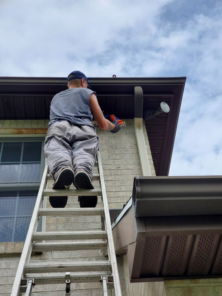 A wildlife technician next to a cage trap on a roof with a trapped raccoon, performing animal removal for Eagles Eye Wildlife in Waterbury, CT.