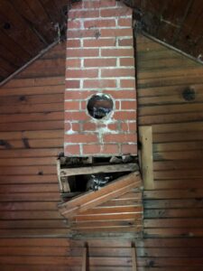 Two raccoons visible inside a residential chimney, one in an upper opening and another in a lower broken section, requiring wildlife removal by Bayer Pest Control in Dayton, OH.