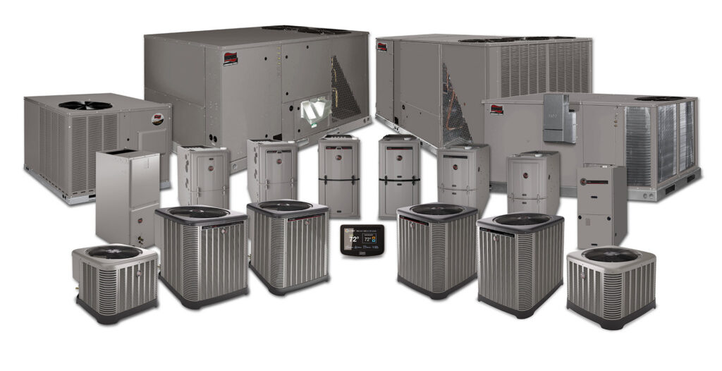 A comprehensive display of various HVAC systems, including outdoor units, furnaces, air handlers, and thermostats, offered by B&G Air Specialists, LLC in Orlando, FL.